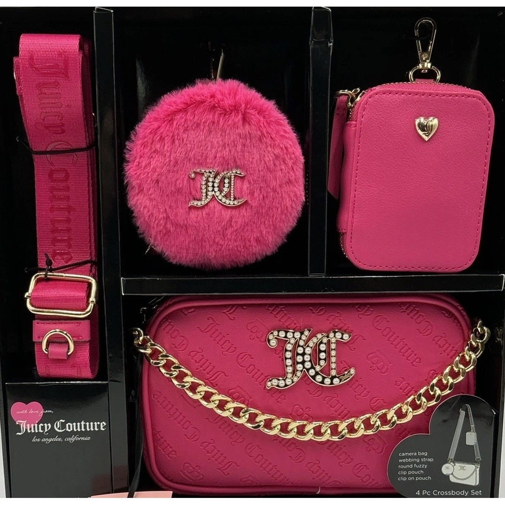 Juicy Couture 4 Piece Crossbody‎ Gift Set Pink Bag Wallet Coin Purse Strap NIB